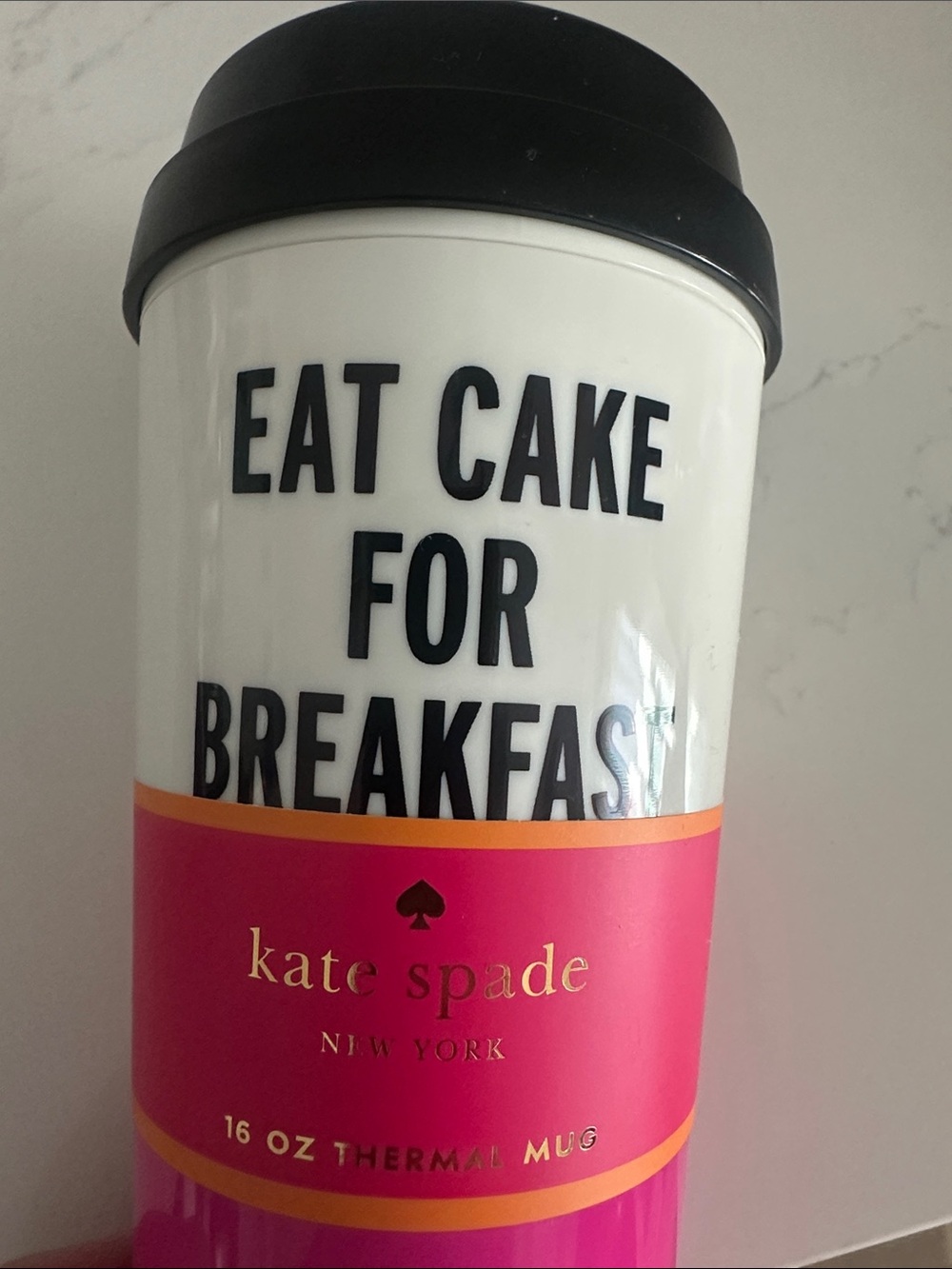 NWT kate spade White, Hot Pink & Black 'Eat Cake for Breakfast' Travel Mug - Picture 9 of 10